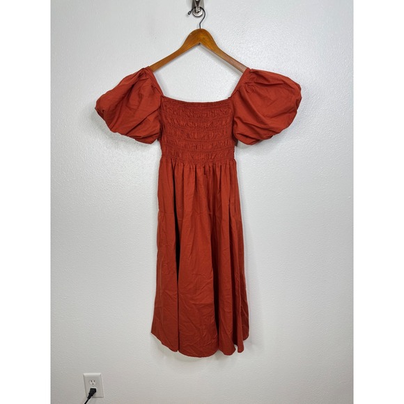 Petal + Pup Dresses & Skirts - Petal + Pup Rust Orange Smocked Puff Sleeve Cotton Midi Dress Womens Size 4